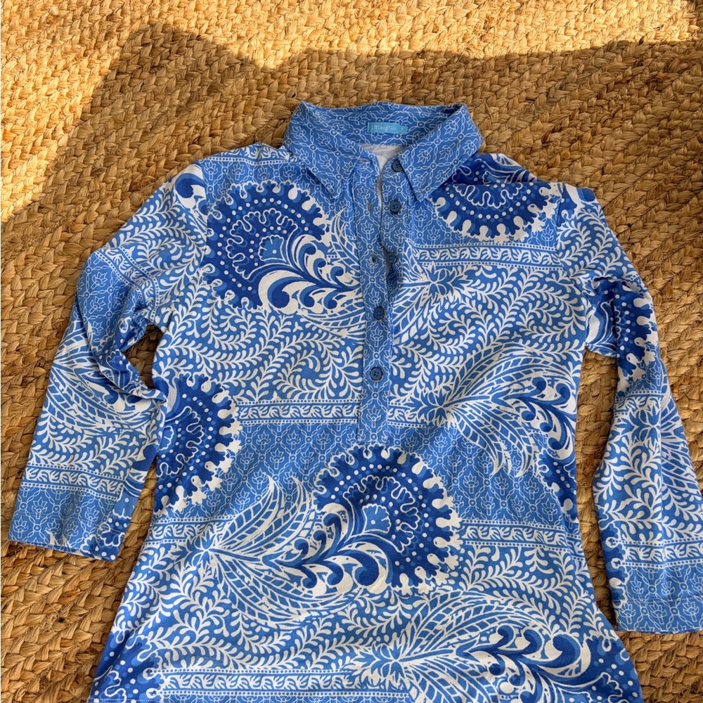 J. McLaughlin Blue and White quarter length stretch knit Top - Picture 5 of 6